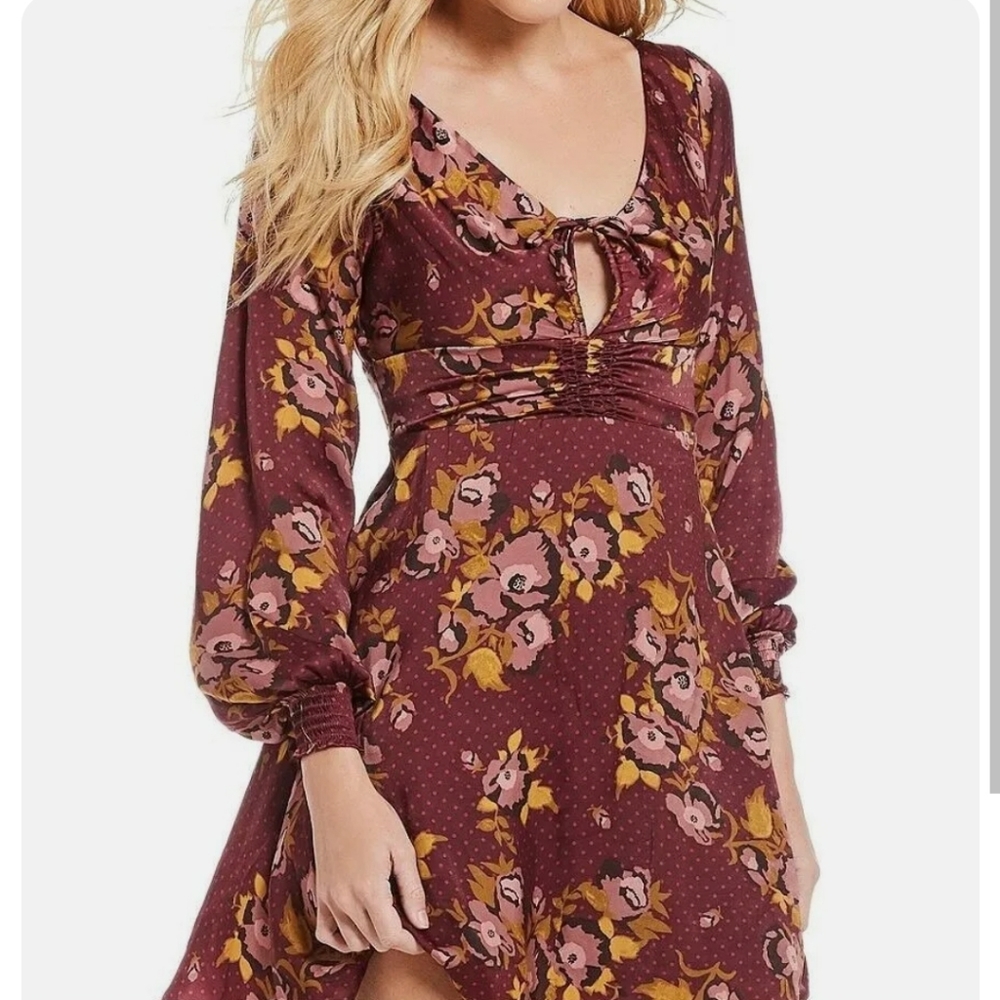 Free People Burgundy Floral Mini Dress with Pink and Mustard Accents